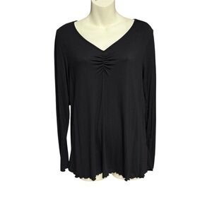 PrinStory size small Black Long Sleeve Women's Top scalloped cuffs and hem